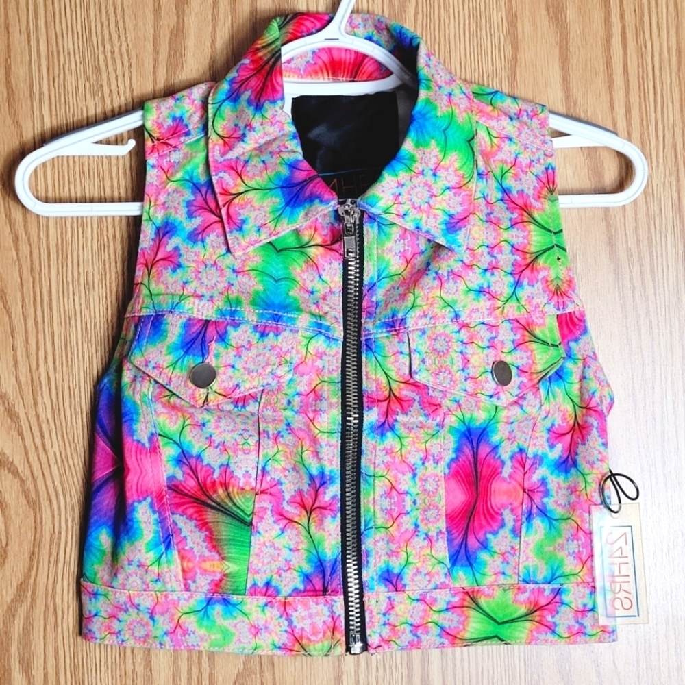Bright and vibrant tie dye full zip up crop top vest woman's size Medium